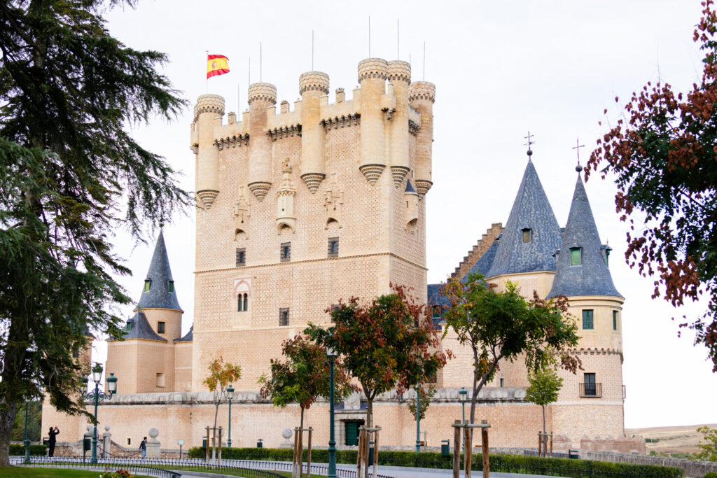 exterior of fairy tale looking castle in Segovia, spain