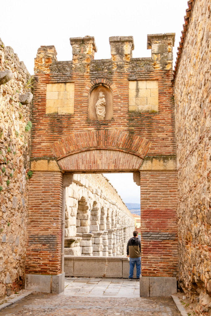 view from the top of the roman aqueduct in Segovia, spain