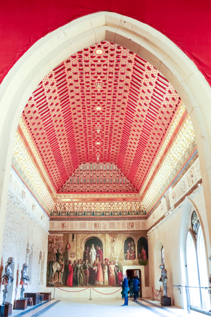 gorgeous red and gold ceiling Segovia castle spain