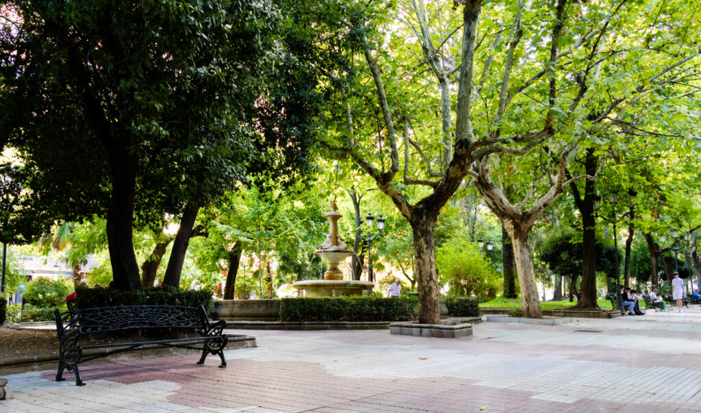 fountain and trees in paseo de canovas in caceres spain