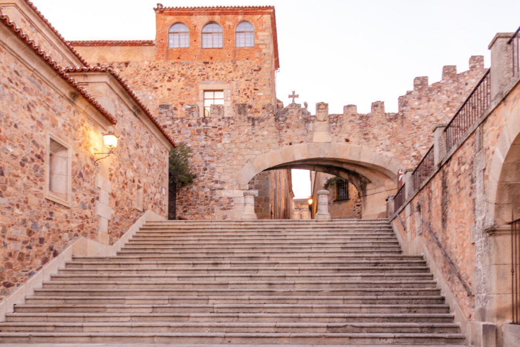 View of star arch from plaza mayor stairs in caceres spain