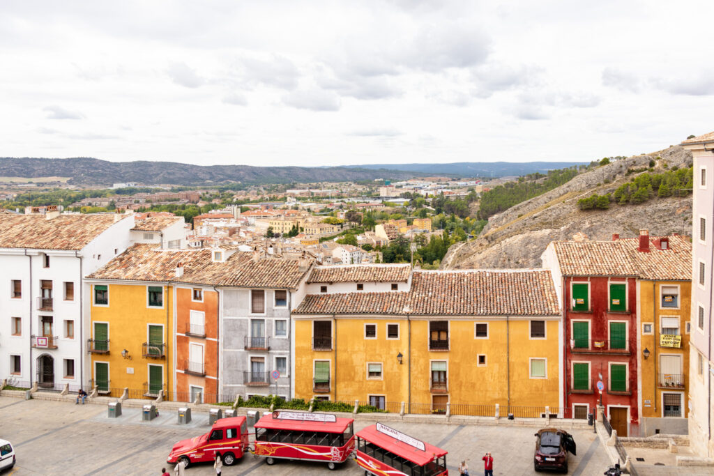 view of plaza mayor from the cathedral tower in Cuenca spain