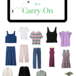 summer travel capsule wardrobe clothing with box that reads 16 outfits in a carryon