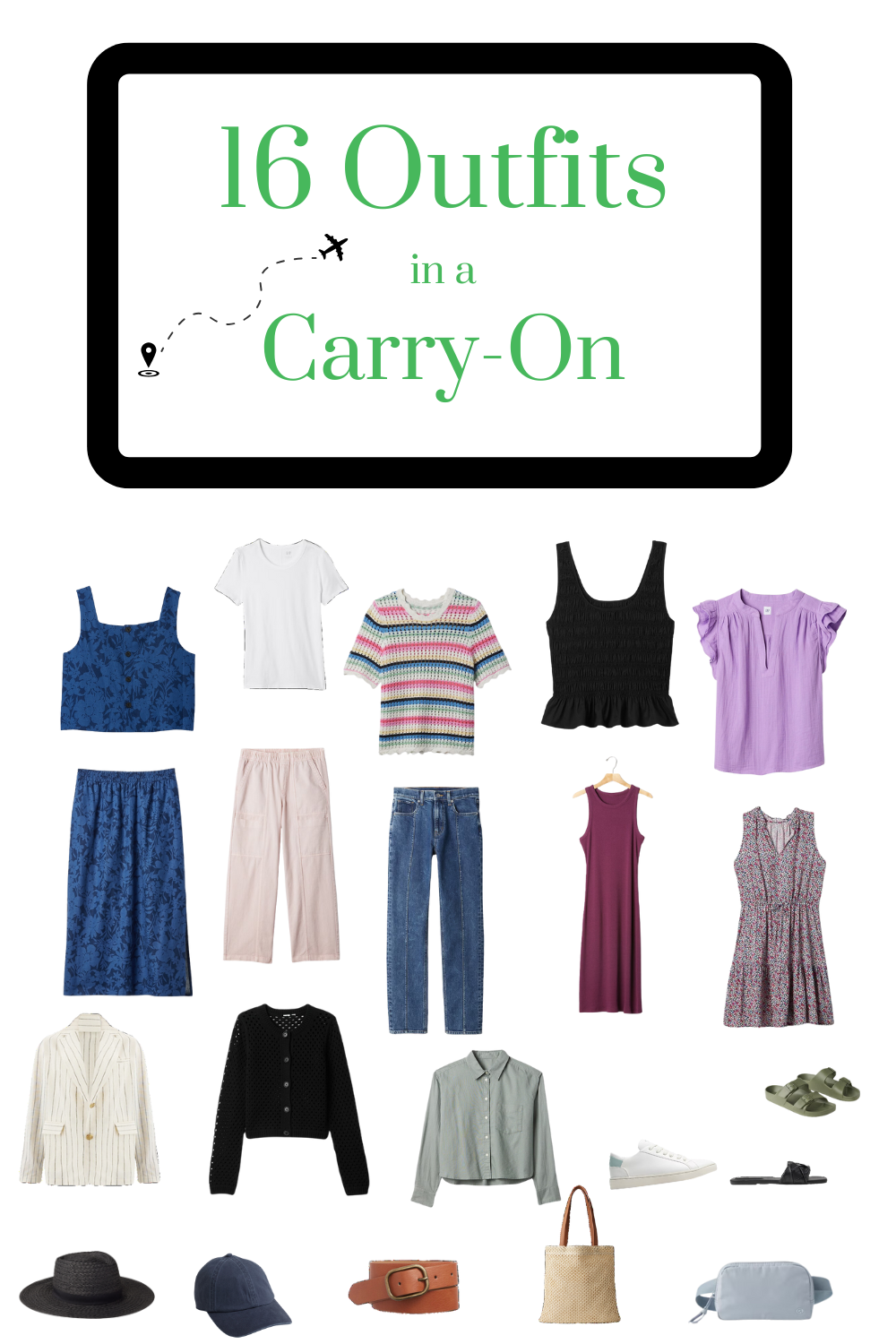 summer travel capsule wardrobe clothing with box that reads 16 outfits in a carryon