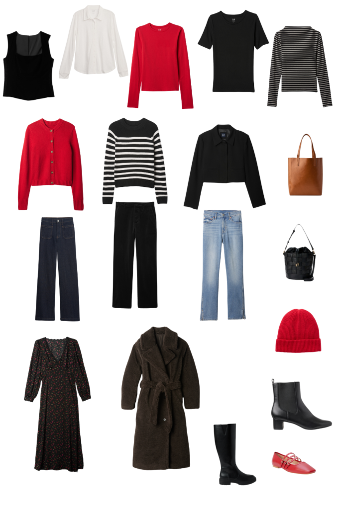 red, black, and white clothing for travel capsule wardrobe in winter 