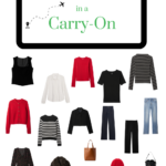 red, white, and black clothing with a box that reads 16 outfits in a carryon