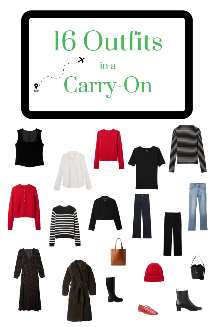 red, white, and black clothing with a box that reads 16 outfits in a carryon