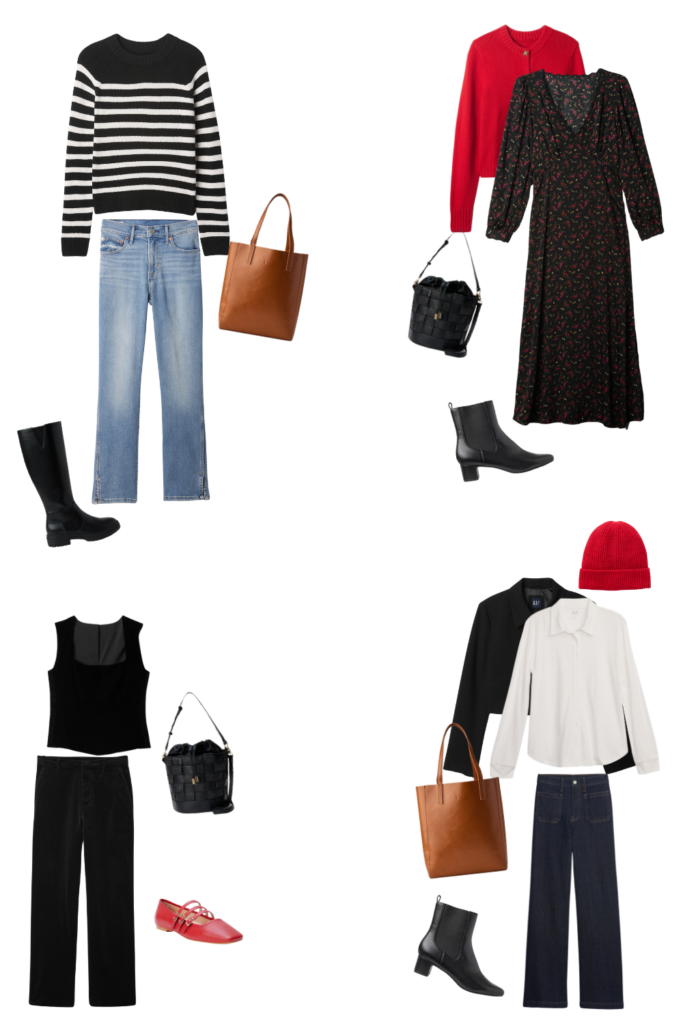 red, black, and white outfits for travel capsule wardrobe in winter