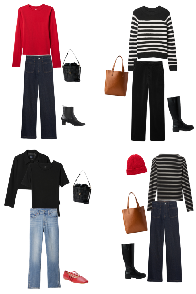 red, black, and white outfits for travel capsule wardrobe in winter