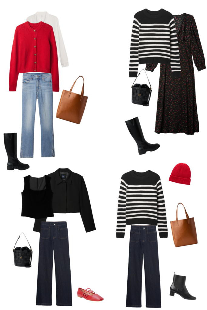 red, black, and white outfits for travel capsule wardrobe in winter