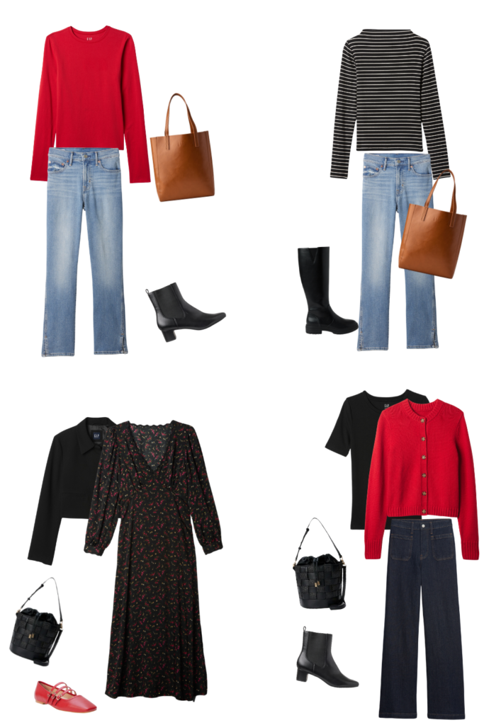 red, black, and white outfits for travel capsule wardrobe in winter