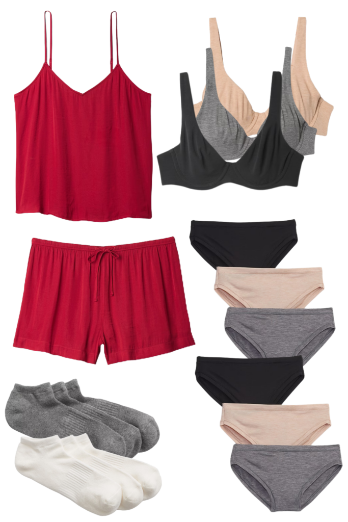 underwear, bras, socks, and red pajamas to pack for your trip