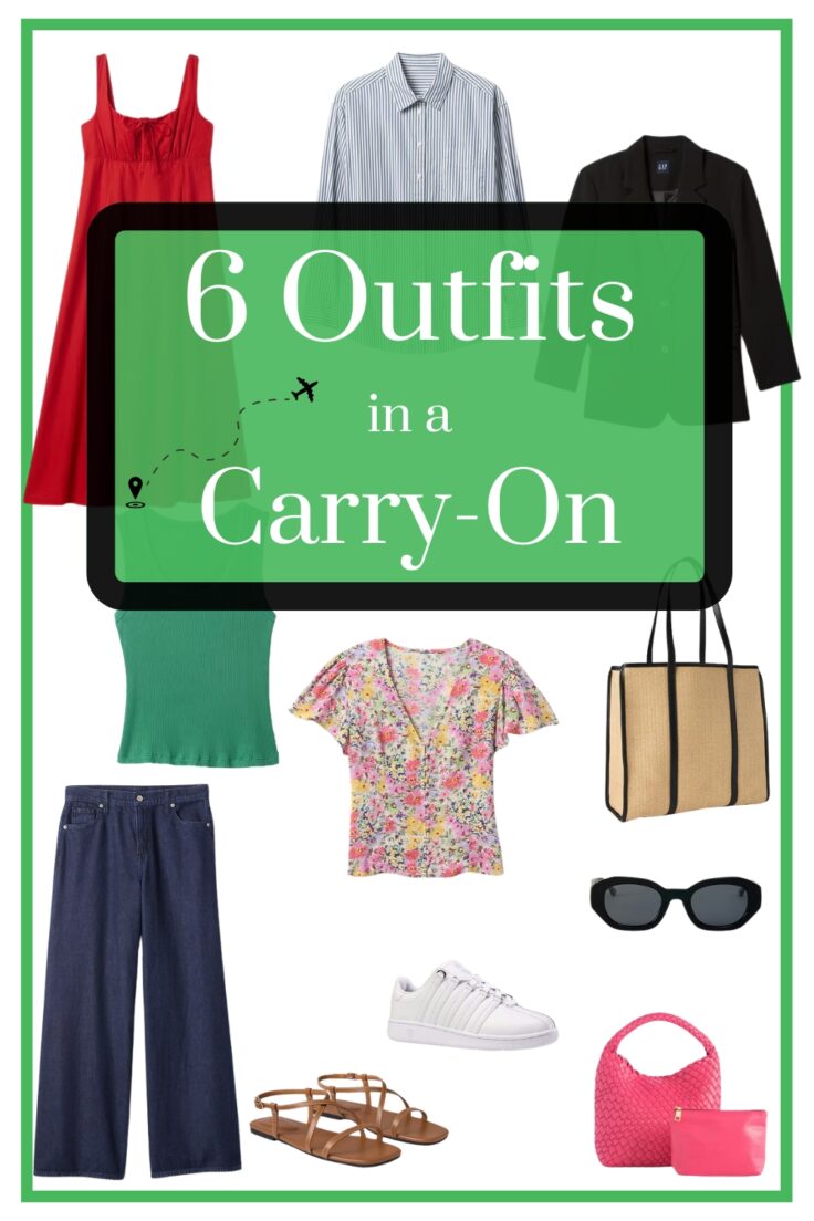 in red, pink, and green clothing options for what to pack for a weekend trip overlay says 6 outfits in a carry-on