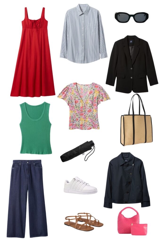 clothing options for what to pack for a weekend trip in red, pink, and green