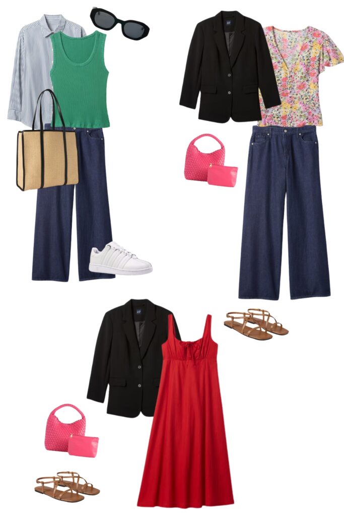 3 outfits for what to pack for a weekend trip in red, pink, and green