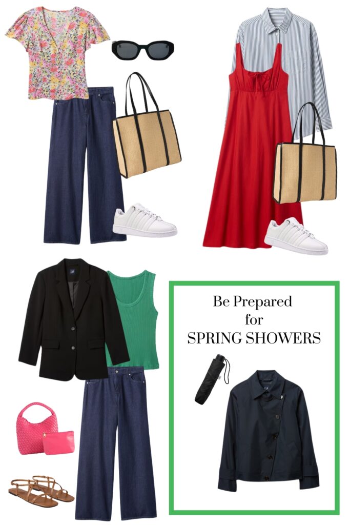 3 outfits for what to pack for a weekend trip in red, pink, and green plus a raincoat and umbrella