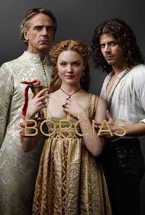 Borgia tv show poster with three characters dressed in attire from that time and looking conniving