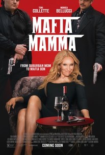 mafia mamma movie poster with toni Collette sitting in front of two men with guns against a red background