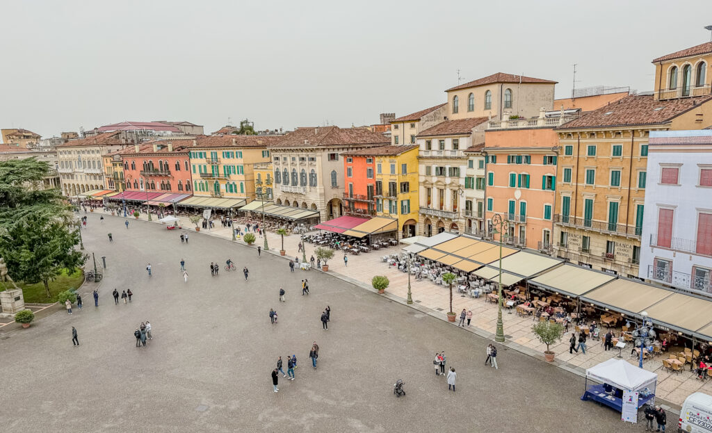 view down at piazza bra in Verona italy from the arena