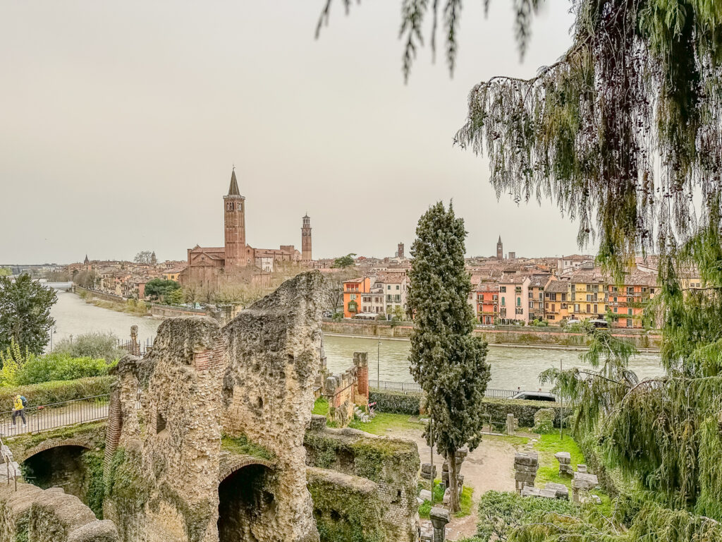 view of Verona and the river from the roman ruins