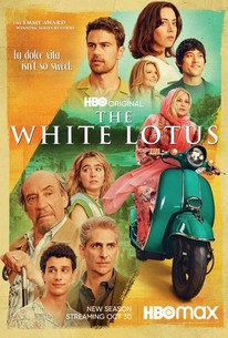 white lotus season 2 tv show poster with various characters and a green vespa