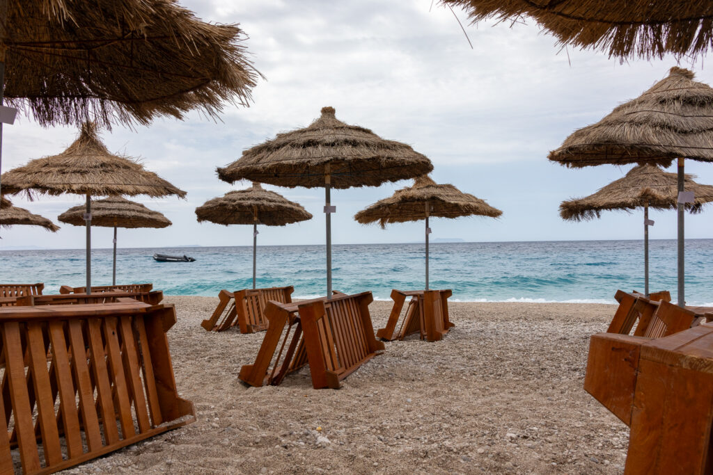 loungers and umbrellas for rent at drymades beach