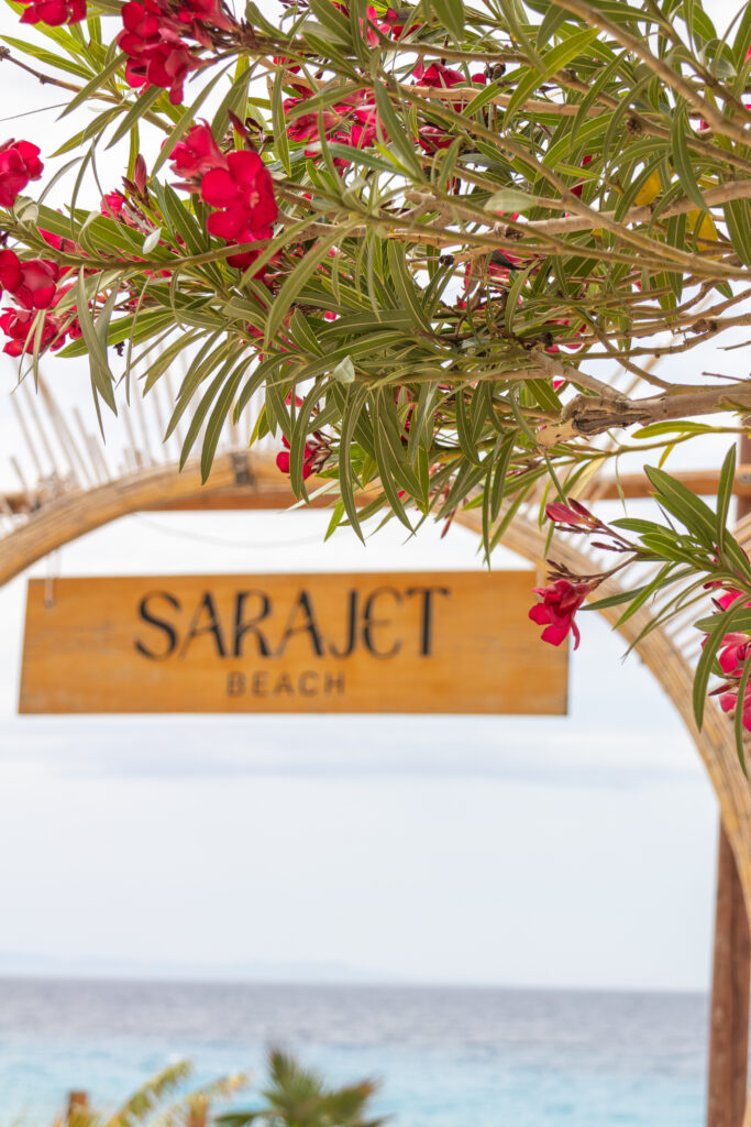 sign for sarajet beach in drymades beach behind some pink flowers